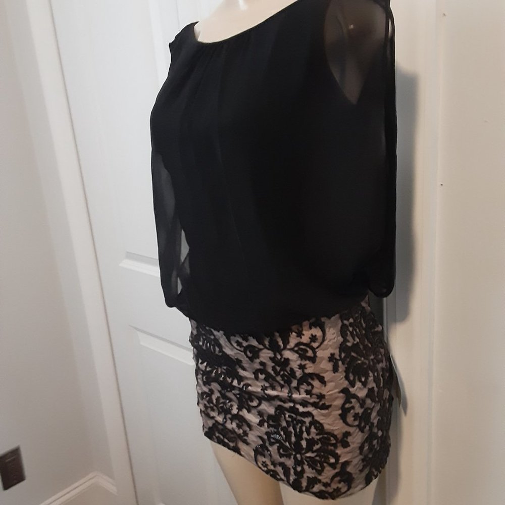 Aidan Mattox - Embroidered Chiffon Blouson Black/Nude Short Dress - Picture 6 of 14
